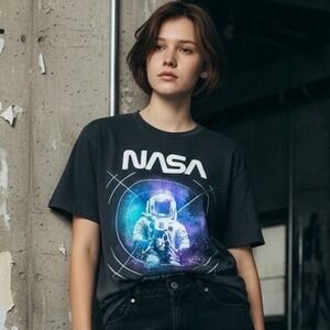 NASA Astronaut T Shirt Space Graphic Print Crew Neck Short Sleeve Black Size M